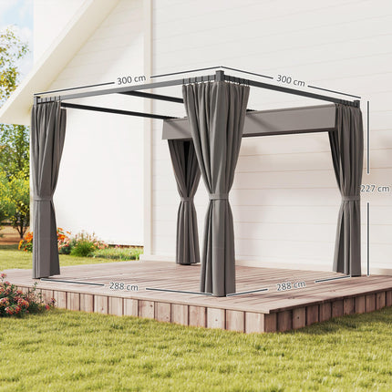 3 x 3 Metre Retractable Pergola with Curtains and Metal Frame - Light Grey