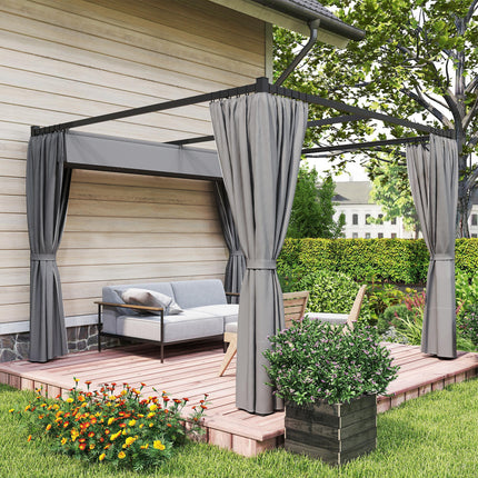 3 x 3 Metre Retractable Pergola with Curtains and Metal Frame - Light Grey