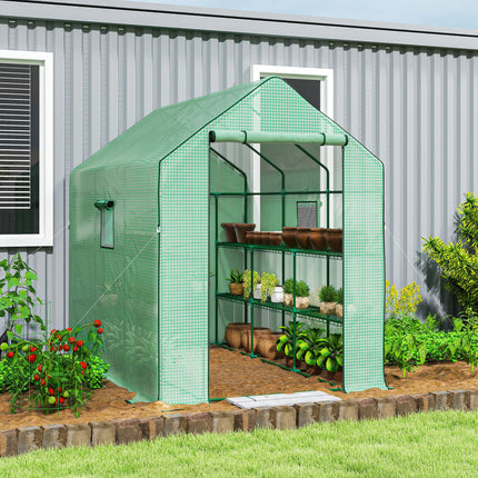Walk-in Greenhouse with 3 Tier Shelves and Reinforced PE Cover - Green