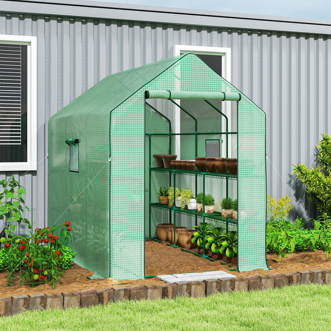 Walk-in Greenhouse with 3 Tier Shelves and Reinforced PE Cover - Green