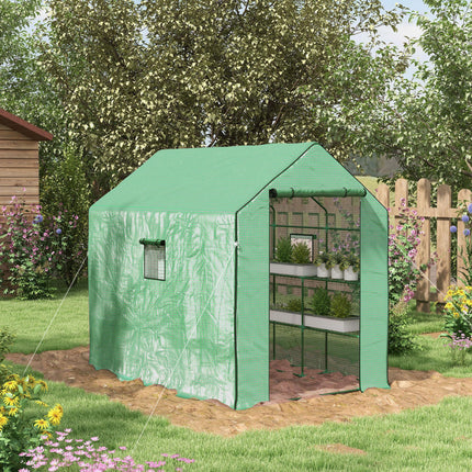 Walk-in Greenhouse with 3 Tier Shelves and Reinforced PE Cover - Green
