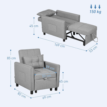 3-In-1 Convertible Chair Bed with Adjustable Backrest and Side Pockets - Light Grey