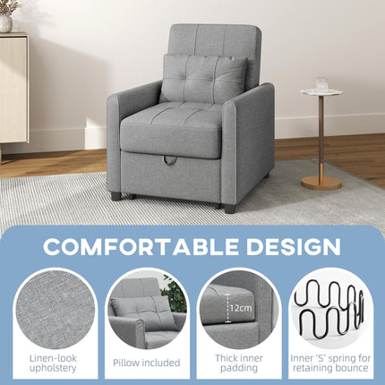 3-In-1 Convertible Chair Bed with Adjustable Backrest and Side Pockets - Light Grey