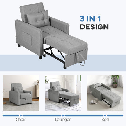 3-In-1 Convertible Chair Bed with Adjustable Backrest and Side Pockets - Light Grey