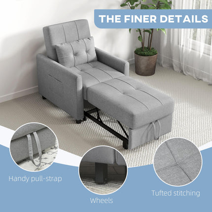 3-In-1 Convertible Chair Bed with Adjustable Backrest and Side Pockets - Light Grey
