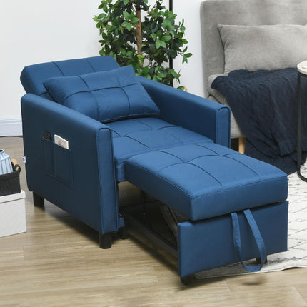 3-In-1 Convertible Chair Bed with Adjustable Backrest & Side Pockets - Blue