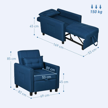 3-In-1 Convertible Chair Bed with Adjustable Backrest & Side Pockets - Blue