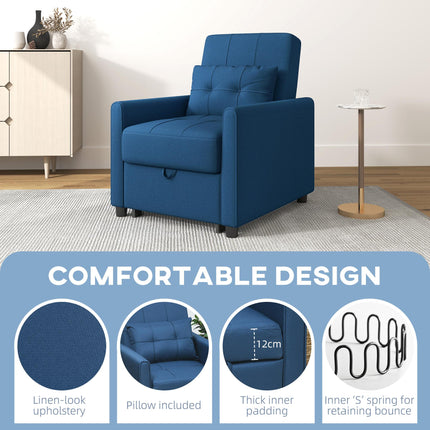 3-In-1 Convertible Chair Bed with Adjustable Backrest & Side Pockets - Blue