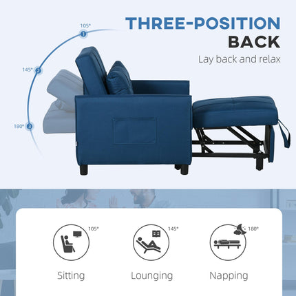 3-In-1 Convertible Chair Bed with Adjustable Backrest & Side Pockets - Blue