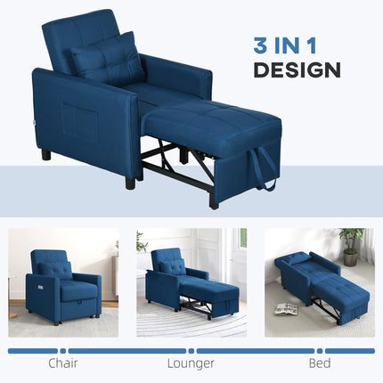 3-In-1 Convertible Chair Bed with Adjustable Backrest & Side Pockets - Blue