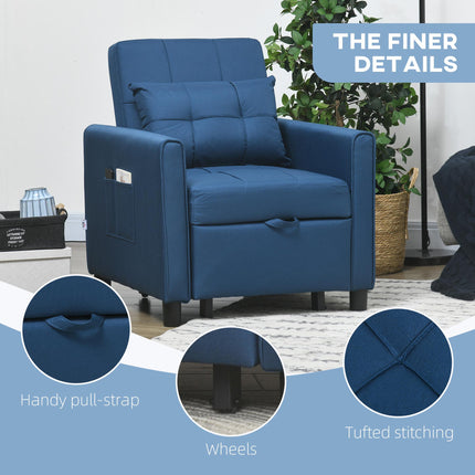 3-In-1 Convertible Chair Bed with Adjustable Backrest & Side Pockets - Blue