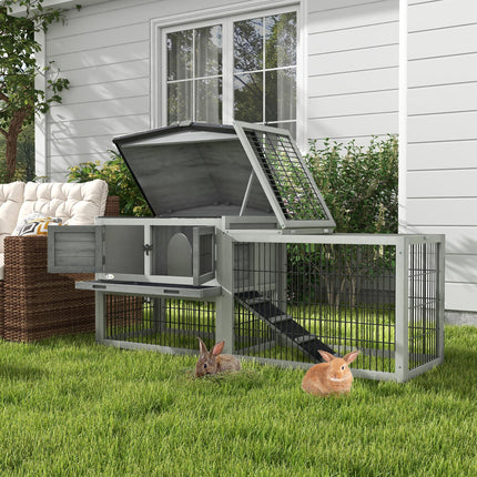Wooden Rabbit Hutch with Outdoor Run - Grey