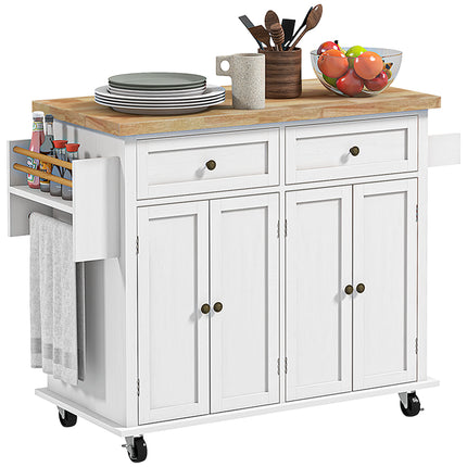 Rolling Kitchen Island Storage Trolley with Drawers & Rubberwood Top - White