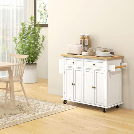 Rolling Kitchen Island Storage Trolley with Drawers & Rubberwood Top - White