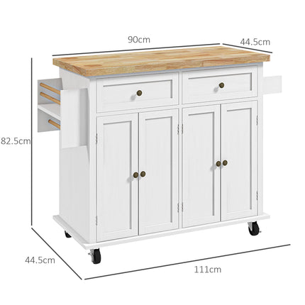 Rolling Kitchen Island Storage Trolley with Drawers & Rubberwood Top - White