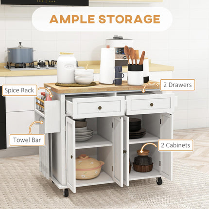 Rolling Kitchen Island Storage Trolley with Drawers & Rubberwood Top - White