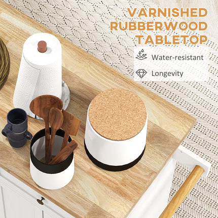Rolling Kitchen Island Storage Trolley with Drawers & Rubberwood Top - White
