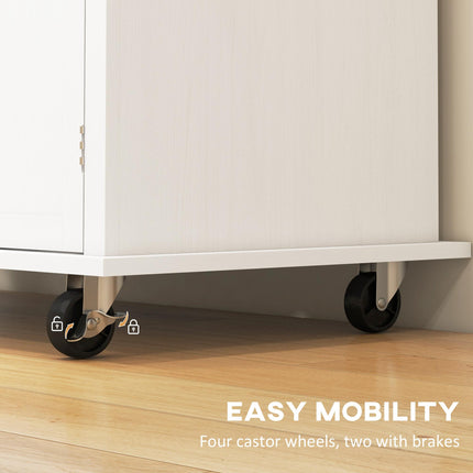 Rolling Kitchen Island Storage Trolley with Drawers & Rubberwood Top - White