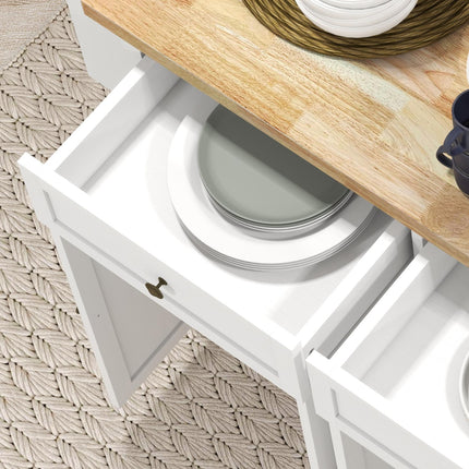 Rolling Kitchen Island Storage Trolley with Drawers & Rubberwood Top - White