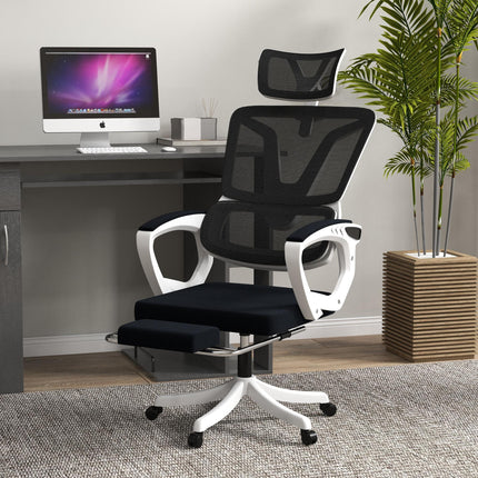 Mesh Reclining Office Chair with Adjustable Headrest, Lumbar Support & Footrest - Black