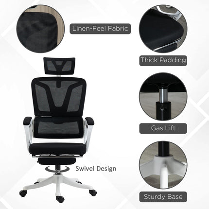 Mesh Reclining Office Chair with Adjustable Headrest, Lumbar Support & Footrest - Black