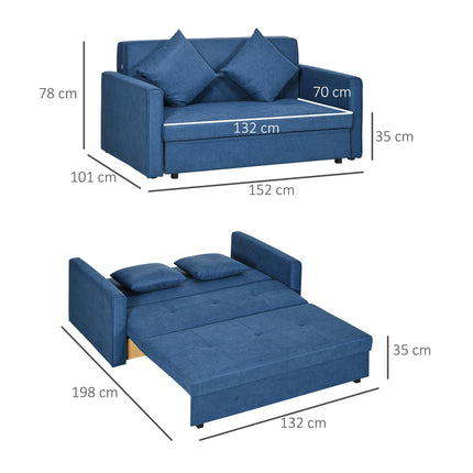 2 Seater Convertible Sofa Bed with Cushions and Hidden Storage - Dark Blue