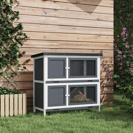 Double Decker 2 Tier Rabbit Hutch with Sliding Tray 100x47x91cm Outdoor Cage - Grey
