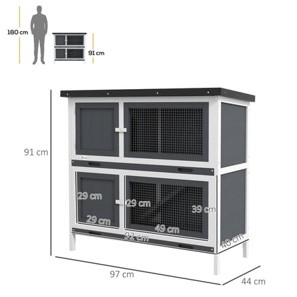 Double Decker 2 Tier Rabbit Hutch with Sliding Tray 100x47x91cm Outdoor Cage - Grey