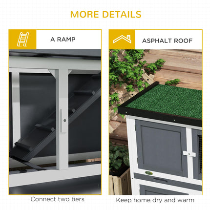 Double Decker 2 Tier Rabbit Hutch with Sliding Tray 100x47x91cm Outdoor Cage - Grey