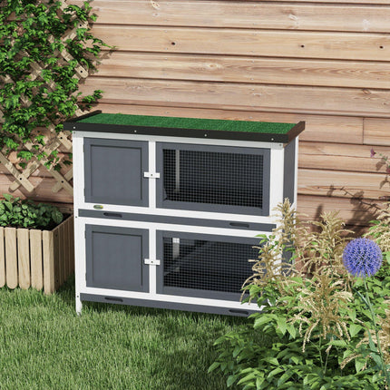 Double Decker 2 Tier Rabbit Hutch with Sliding Tray 100x47x91cm Outdoor Cage - Grey