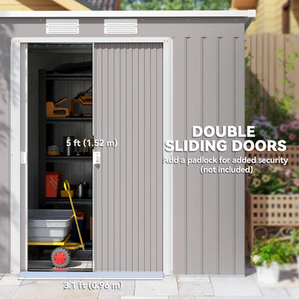 Large Metal Garden Tool Storage Shed with Double Doors - Grey