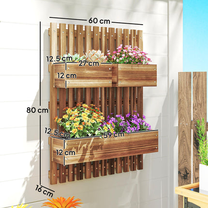3 Piece Wall-Mounted Wooden Garden Planters with Trellis - Carbonised