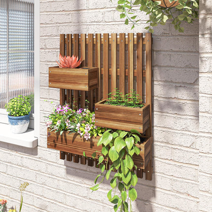 3 Piece Wall-Mounted Wooden Garden Planters with Trellis - Carbonised