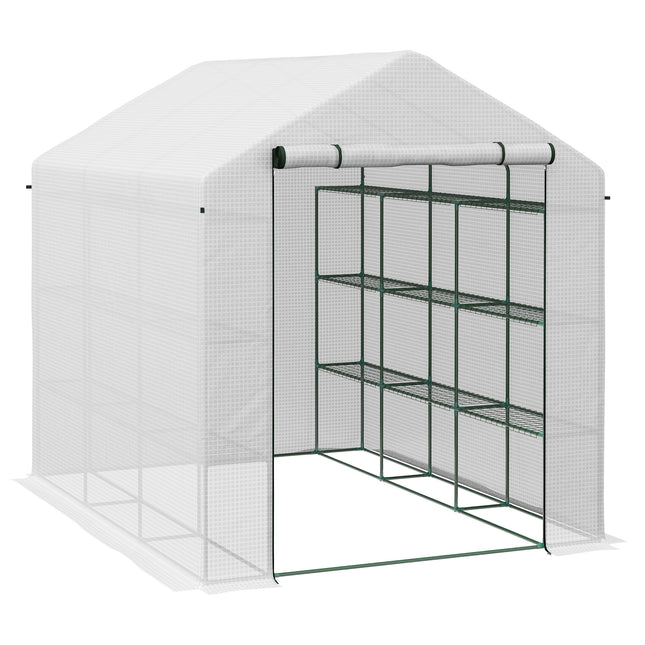 8 x 6ft Walk-In Greenhouse with 12 Shelves and Roll-Up Door - White
