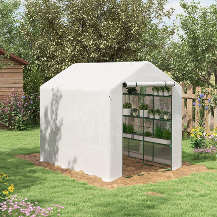 8 x 6ft Walk-In Greenhouse with 12 Shelves and Roll-Up Door - White