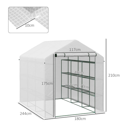 8 x 6ft Walk-In Greenhouse with 12 Shelves and Roll-Up Door - White