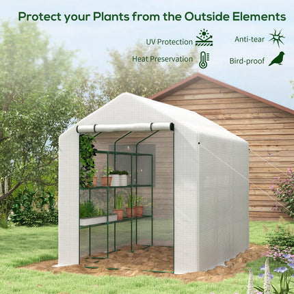 8 x 6ft Walk-In Greenhouse with 12 Shelves and Roll-Up Door - White