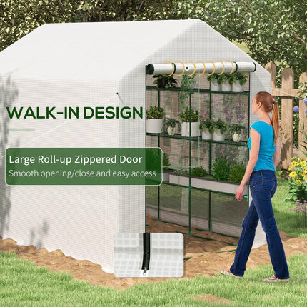 8 x 6ft Walk-In Greenhouse with 12 Shelves and Roll-Up Door - White
