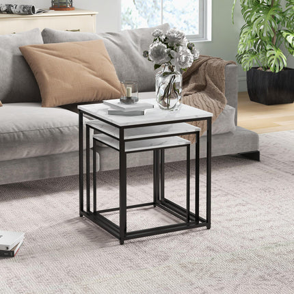 Three Nest of Tables Marble Effect Finish - White & Black