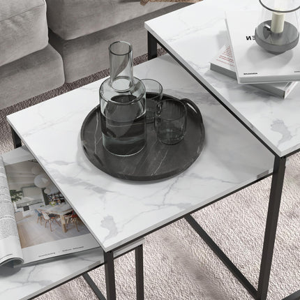 Three Nest of Tables Marble Effect Finish - White & Black