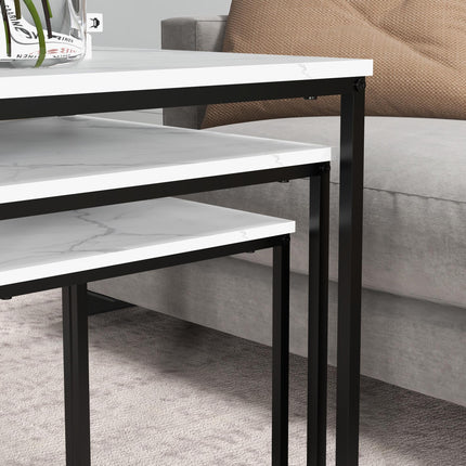 Three Nest of Tables Marble Effect Finish - White & Black