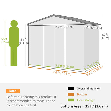 7.7 x 5.7ft Metal Garden Storage Shed with Ventilation - Light Grey