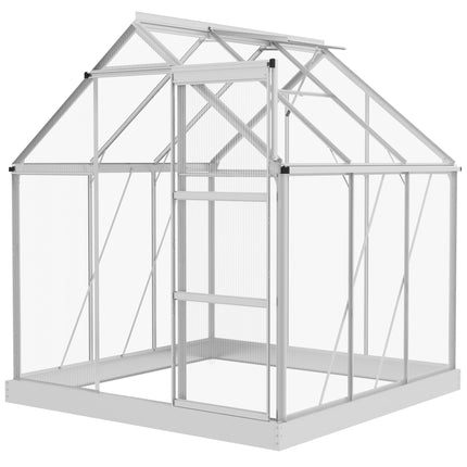 6x6ft Aluminium Frame Polycarbonate Greenhouse with Sliding Door - Silver