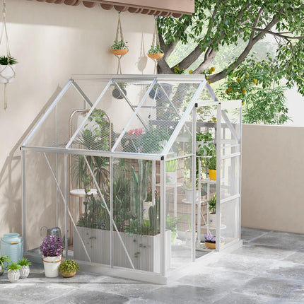 6x6ft Aluminium Frame Polycarbonate Greenhouse with Sliding Door - Silver