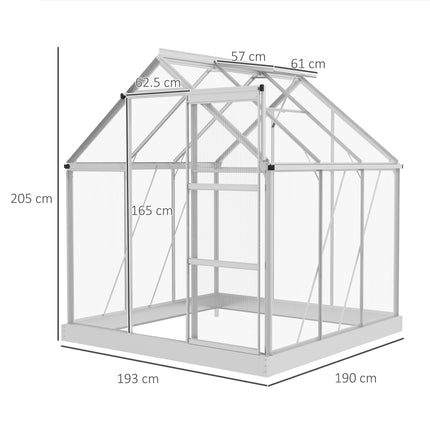 6x6ft Aluminium Frame Polycarbonate Greenhouse with Sliding Door - Silver