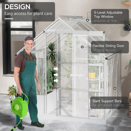 6x6ft Aluminium Frame Polycarbonate Greenhouse with Sliding Door - Silver