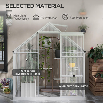 6x6ft Aluminium Frame Polycarbonate Greenhouse with Sliding Door - Silver