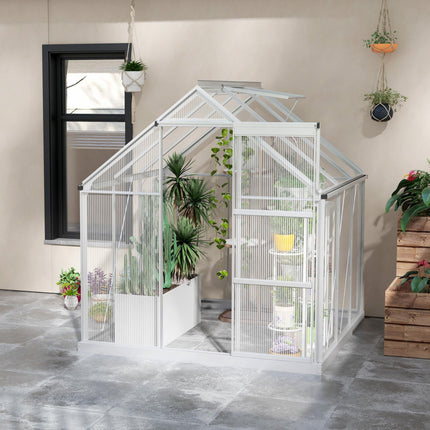 6x6ft Aluminium Frame Polycarbonate Greenhouse with Sliding Door - Silver
