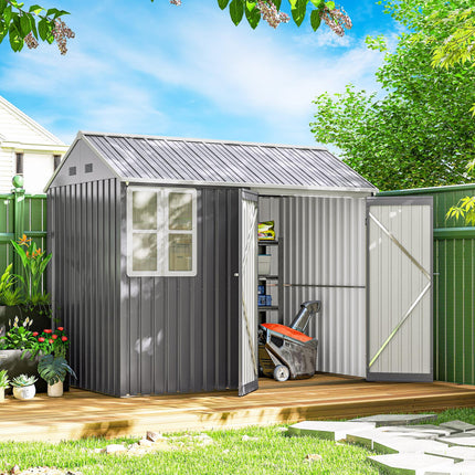 8 x 6 Ft Galvanised Metal Garden Shed with Double Doors - Grey