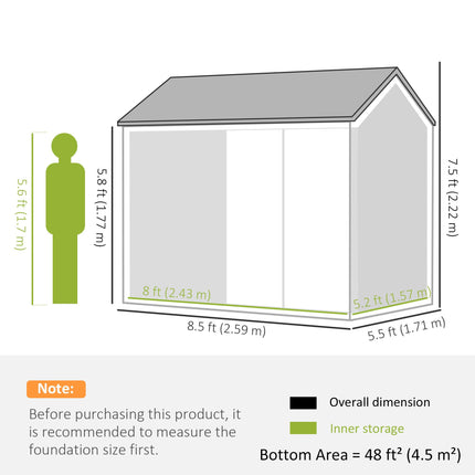 8 x 6 Ft Galvanised Metal Garden Shed with Double Doors - Grey